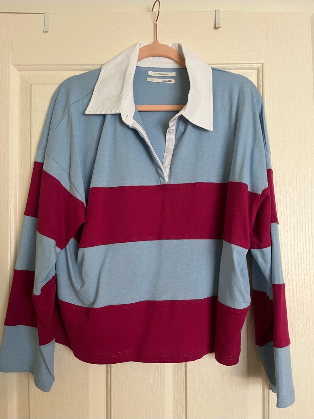 Anthropologie Light Blue & Burgundy Striped Rugby Long Sleeve Shirt Small NWOT